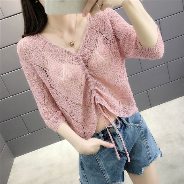 Áo len nữ mỏng croptop rút dây - DTH