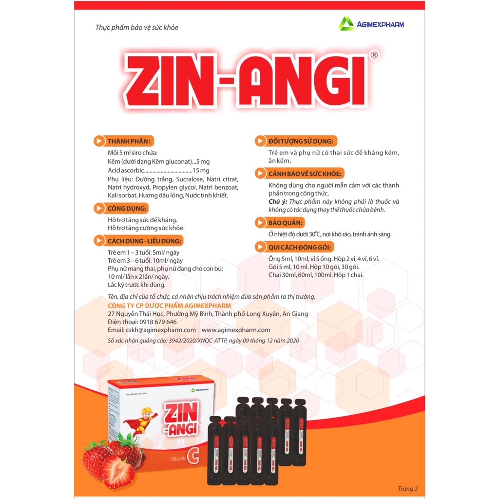 Siro tăng sức đề kháng trẻ em ZIN-ANGI Kẽm + Vitamin C Hộp 20 ống uống 10 ml - Minpharmacy