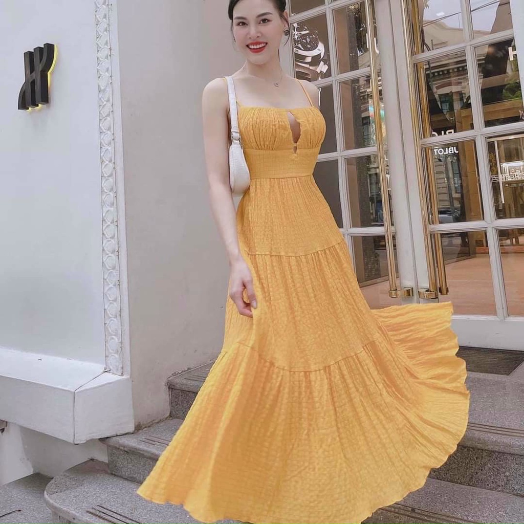 Đầm maxi đi biển 2 dây hở lưng ôm eo