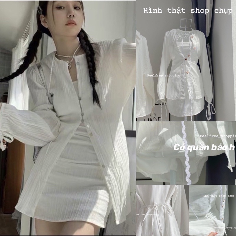 Set 3 Món Áo Sơ Mi + Váy+croptop vải 2 lớp tay dài qua mông mặc đi chơi,đi biển,du lịch (Hình Thật) S016