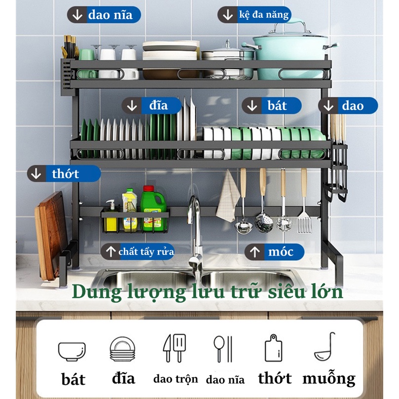 GSlife Kệ Để Bát Đĩa Thép Carbon Đa Năng Giá Để Đồ Chén Đĩa Trên Bồn Rửa Bát Sơn Đen Cao