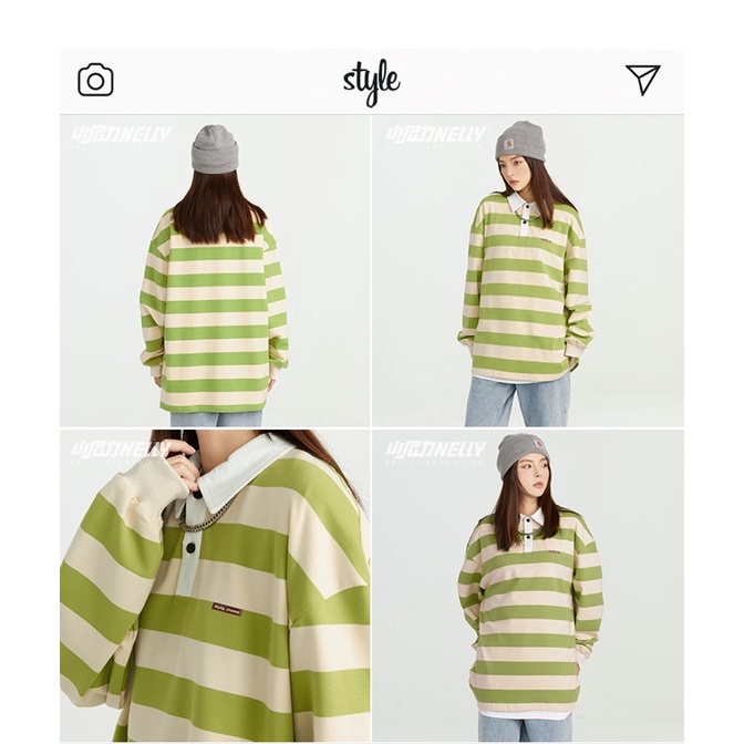 Áo sweater polo nelly sale (có sẵn) kẻ be cổ trắng