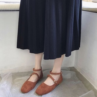Giày búp bê hai quai da lộn gót thấp
