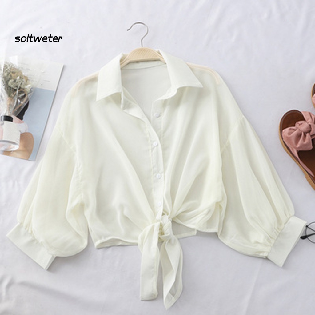 Áo Sơ Mi Mùa Hè Thắt Nút Màu Sắc Trơn Thoáng Khí Cho Nữ