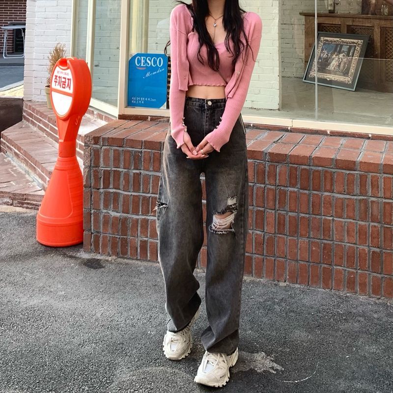 COZOKC Quần Jean Rách Lưng Cao Form Ôm Theo Phong Cách retro Dễ Phối Đồ