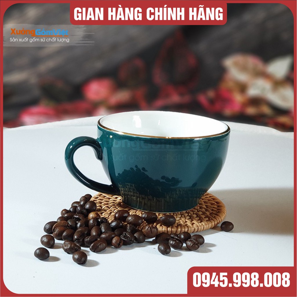 Bộ tách capuchino Xưởng Gốm Việt men xanh kẻ chỉ vàng 12k 210ml