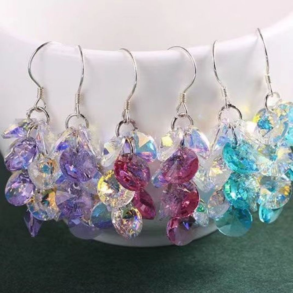 Bông Tai Mạ Bạc 925 Nhiều Lớp Đính Pha Lê Lấp Lánh Màu Sắc Thời Trang Cho Nữ