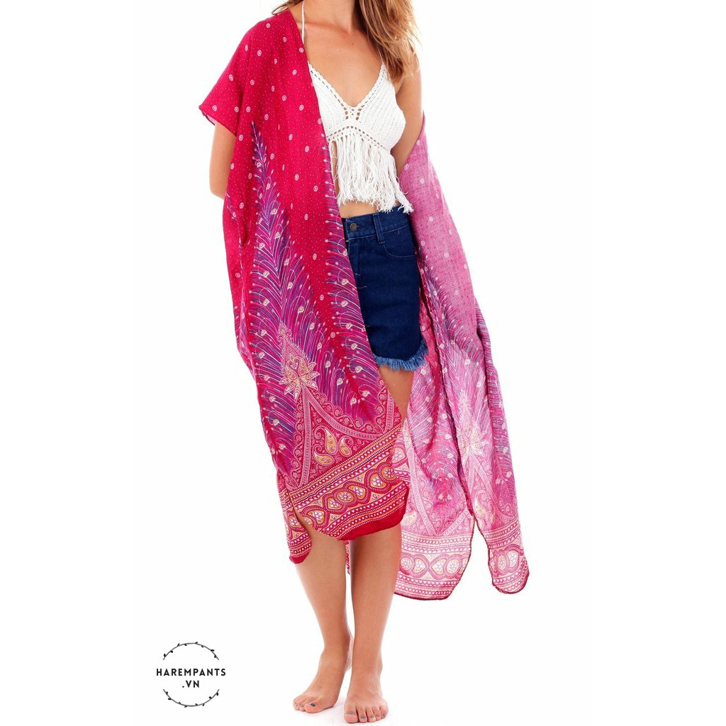 Hàng Thái - Áo Kimono Harem Pants họa tiết Coral Pink Peacock (màu hồng)- Freesize