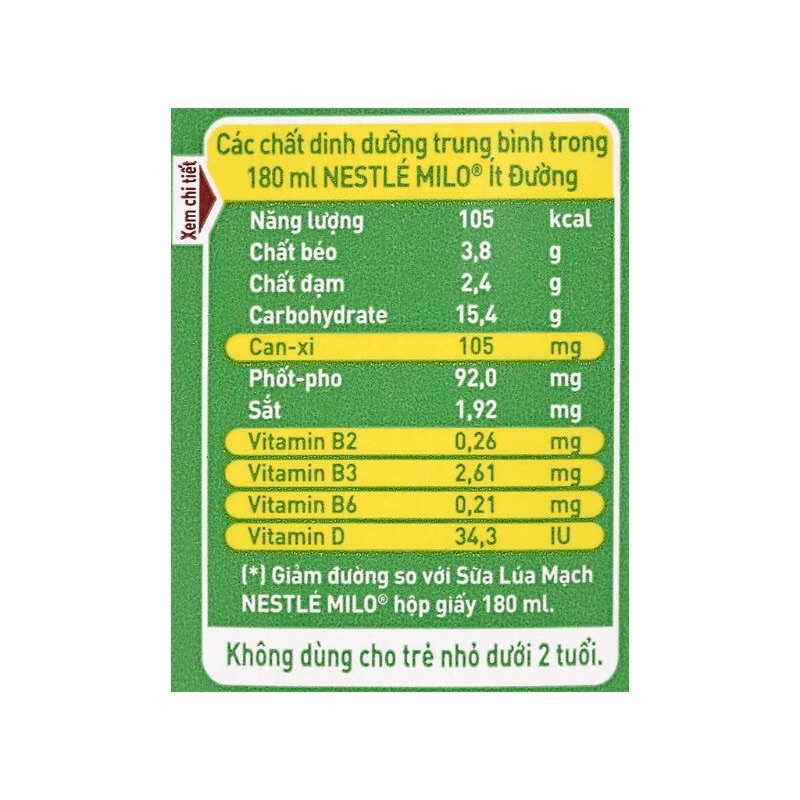 Sữa Milo Ít Ngọt 180ml (1ốc x 4hộp)