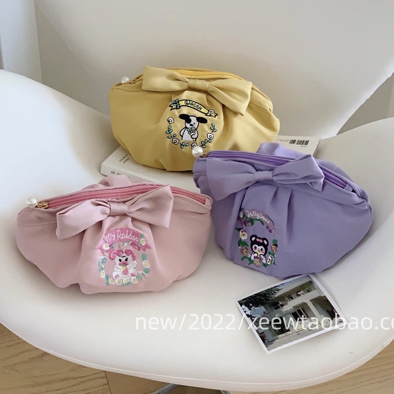 TÚI ĐỰNG MỸ PHẨM/ TÚI BÚT TO THÊU HÌNH BUỘC NƠ KIỂU NHẬT XINH XẮN MÀU PASTEL