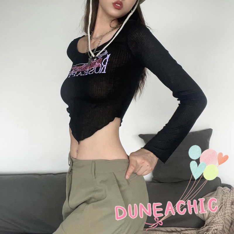 DUNEA Áo Thun Tay Dài Cổ Tròn In Chữ Thời Trang Cho Nữ