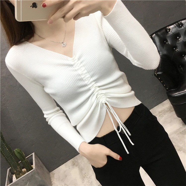 Áo len nữ cổ V có dây rút croptop trẻ trung al35