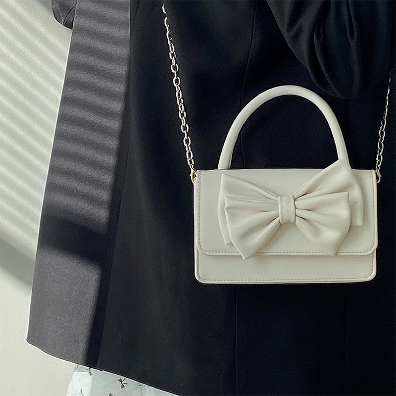 Túi Đeo Chéo Hình Vuông Nhỏ Đính Nơ Phối Dây Đeo Sợi Xích Thời Trang Cho Nữ