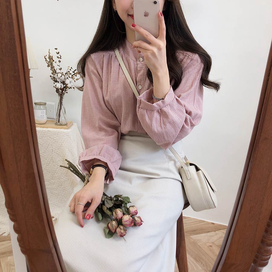 Áo sơ mi cổ cao tay dài phong cách thanh lịch cho nữ 27362