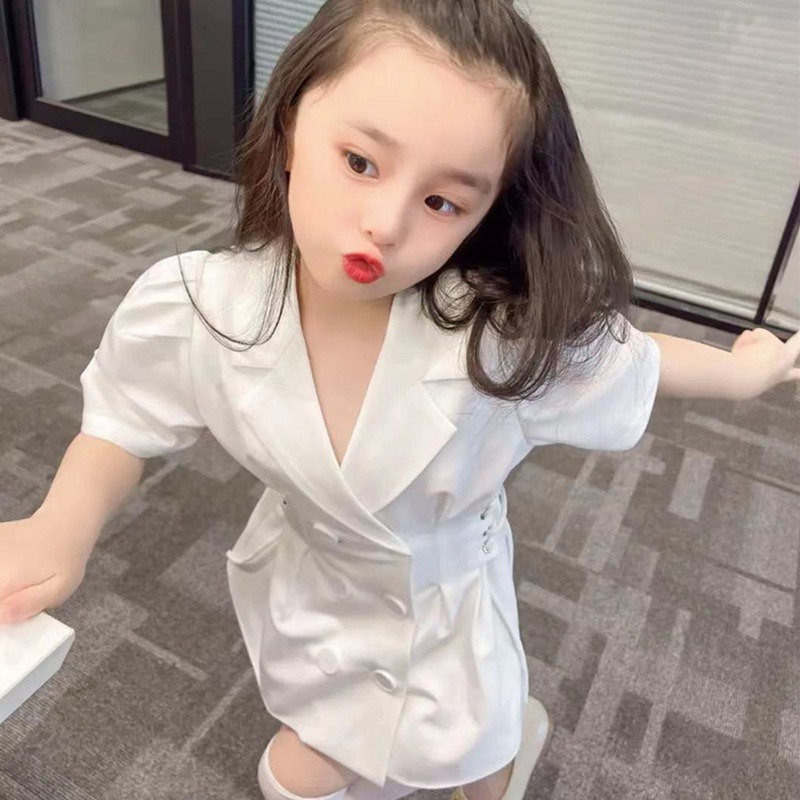 Đầm Tay Phồng Ôm Eo Phối Hai Hàng Nút Thời Trang Pháp Xinh Xắn Cho Bé Gái