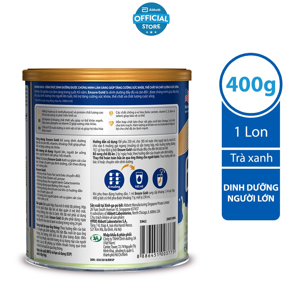 [Nhập GRO1ABT4 giảm 4%] Sữa bột Ensure Gold (HMB) Trà xanh 400g
