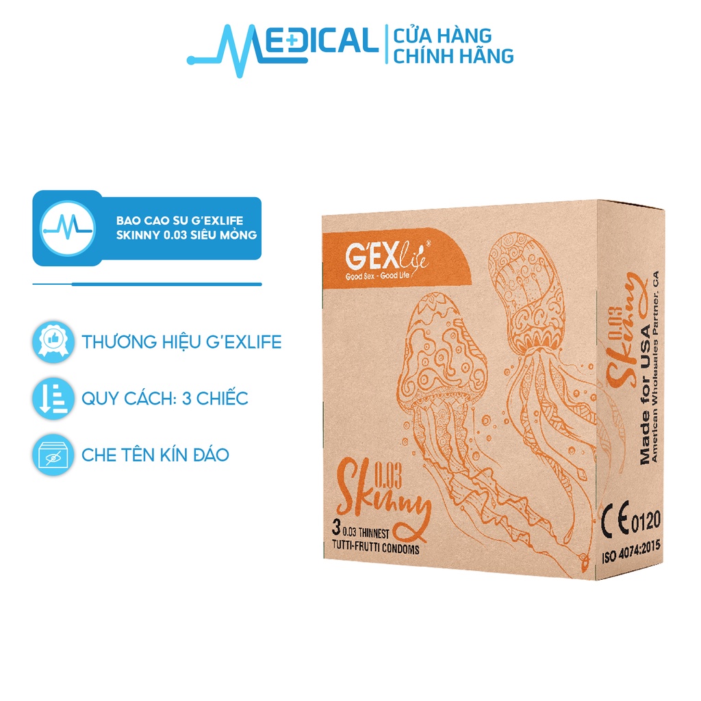 Bao cao su G'EXlife Skinny 0.03 siêu mỏng (Hộp 3 chiếc) - MEDICAL