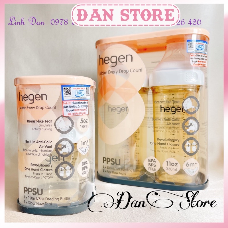 FreeShip- Bình sữa Hegen chính hãng 60ml 150ml 240ml 330ml fullbox, tách set hỗ trợ đổi núm 1 2 3 Y tại HCM