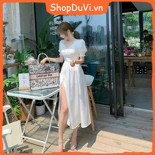 Đầm phi lụa dự tiệc tay ngắn phồng cúp ngực có mút, đầm maxi xẻ tà