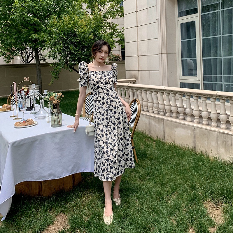 COZOK Đầm Hoa Tay Phồng Ôm Eo Phong Cách retro Nữ Tính