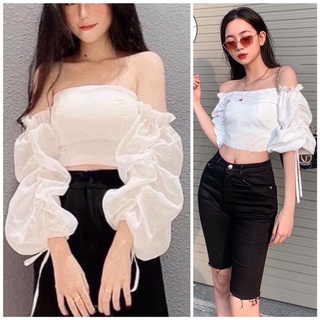 Áo croptop ôm trễ vai có mút ngực tay có dây rút siêu xinh