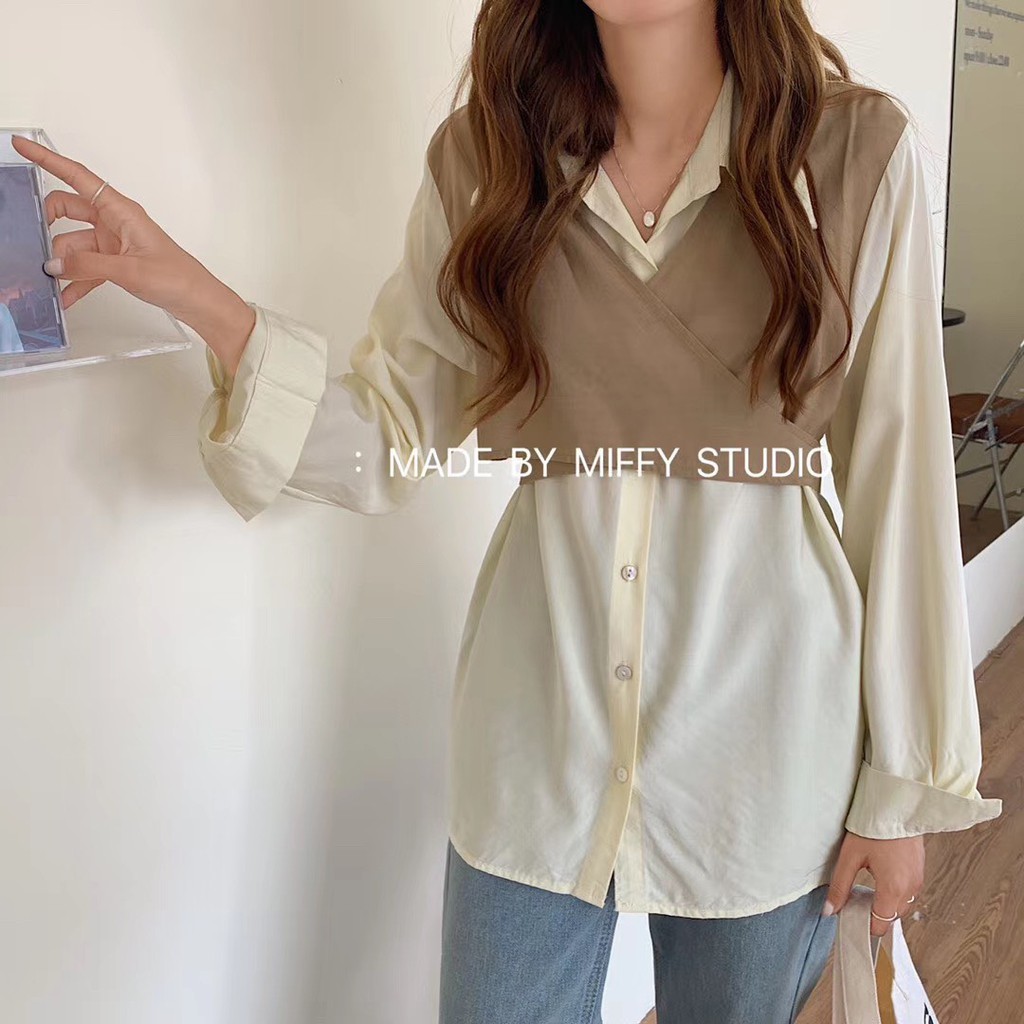 Áo sơ mi phối gile may liền freesize Pumi