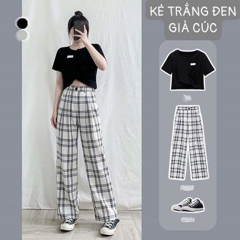 [Rẻ nhất shopee] Quần KẺ GIẢ CÚC ulzzang , quần kẻ nữ Lưng Cao Dáng Rộng Ống Suông ulzzang full màu hot . Donnafashion