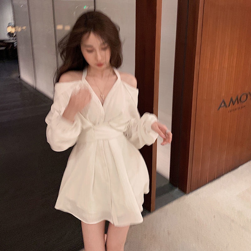 Đầm ngắn chữ A cổ chữ V dài tay trễ vai gợi cảm thời trang chống nắng mùa hè dành cho nữ