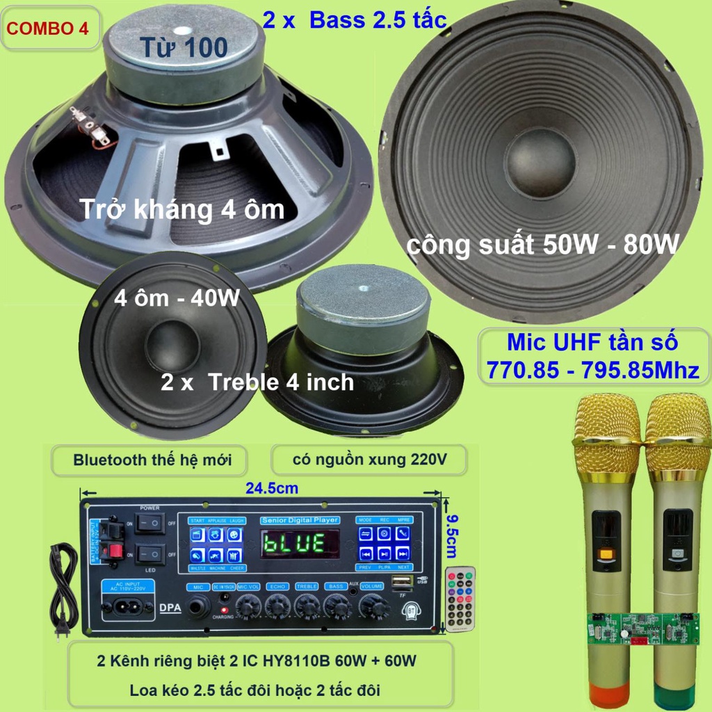 Combo loa kéo 2.5 tấc đôi HY8110B 130W - Karaoke có chống hú – chỉnh Bass Treble Micro – nguồn xung 220V – Guitar điện