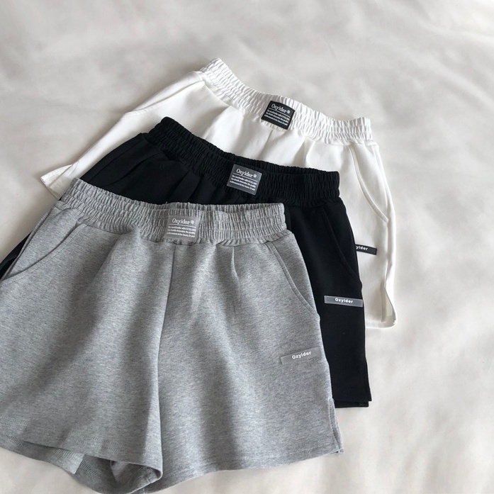 Quần short SUXI thể thao lưng cao ống rộng màu trơn in chữ đơn giản thời trang mùa hè cho nữ