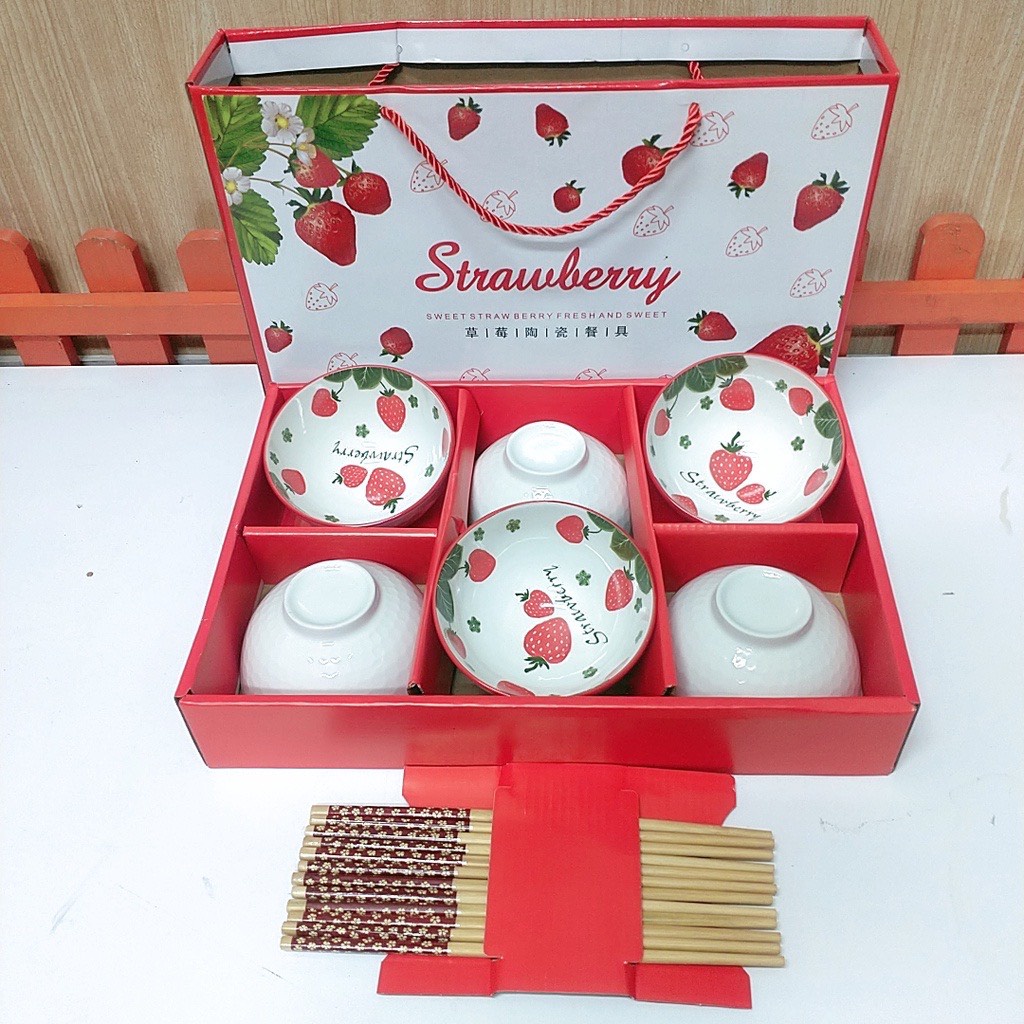 Bộ 6 Bát Gốm Sứ Dâu Tây , Hoa Trà Cao Cấp Phong Cách Bohemia Đóng Hộp Quà ( SP41232178 - SP41232189)