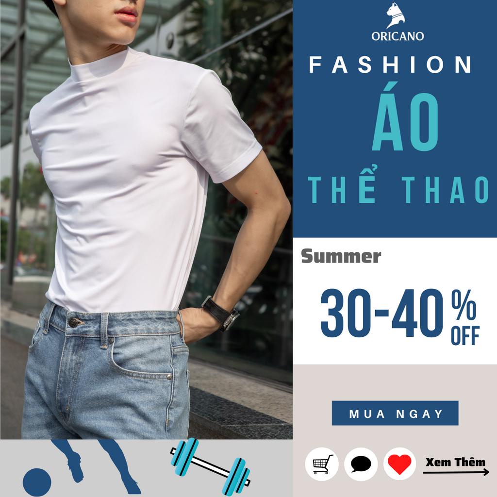 Áo Thể Thao Nam ORICANO White Thun Lạnh Cao Cổ Cộc Tay Co Giãn Form Ôm Body Gym Work Out Chạy Bộ Hoặc Đá Bón