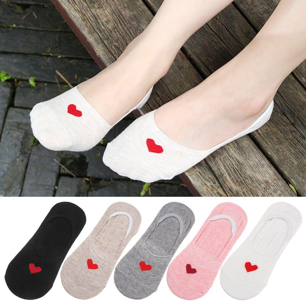 Luol Set 5 Đôi Vớ Thuyền Miệng Nông Màu Kẹo Hình Trái Tim Đáng Yêu