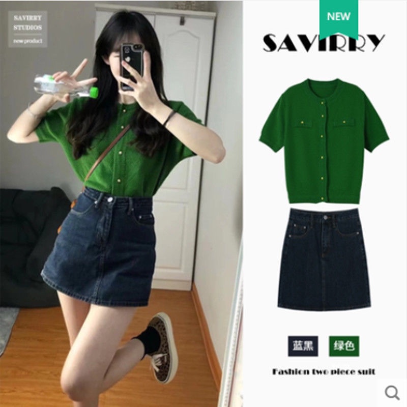 Bộ Áo Dệt Kim Ngắn Tay + Chân váy jean Lưng Cao Thời Trang Dành Cho Nữ 2530