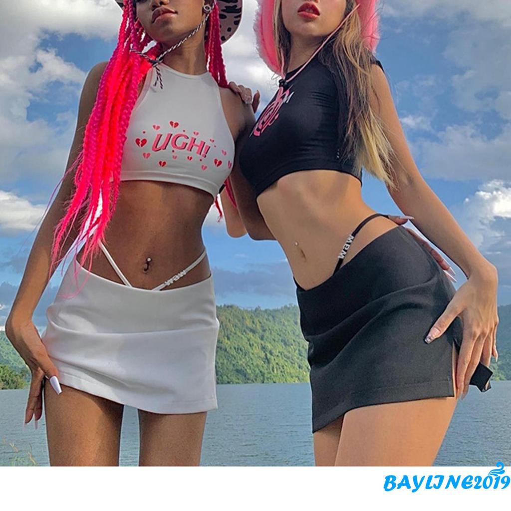 BAY-Women Summer Mini Skirt Solid Color Casual Split A-line Skirt and Bandage Thongs for Beaches Holidays