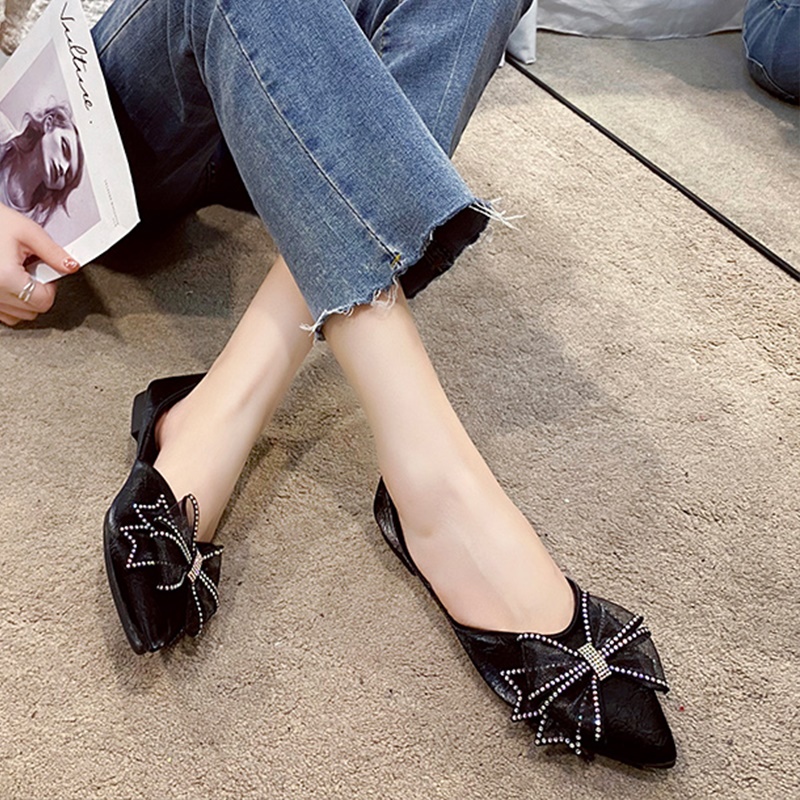 Pointed Bow Bean Bean Shoes Female 2021 Summer New Korean Version Of The Wild Flat Comfort Grandma Shoes Scoop Shoes Sin