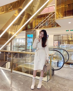 Váy len trễ vai buộc đai