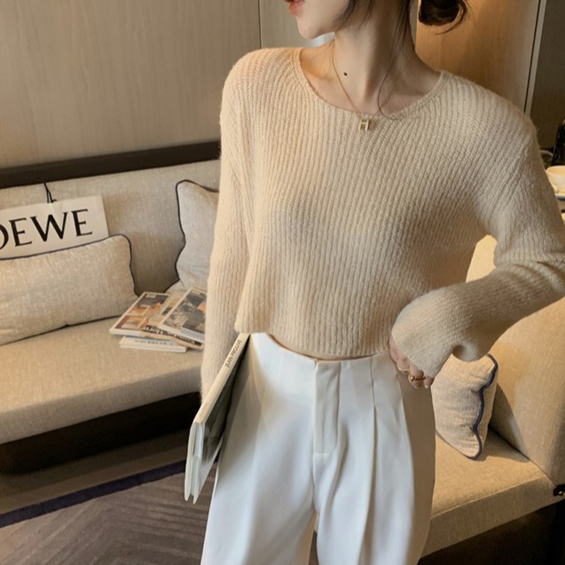 Áo sweater Dệt Kim Mỏng Sáp Mềm Tay Dài Cổ Tròn Dáng Rộng Kiểu Hàn Quốc Thời Trang Mùa Xuân Cho Bạn Gái