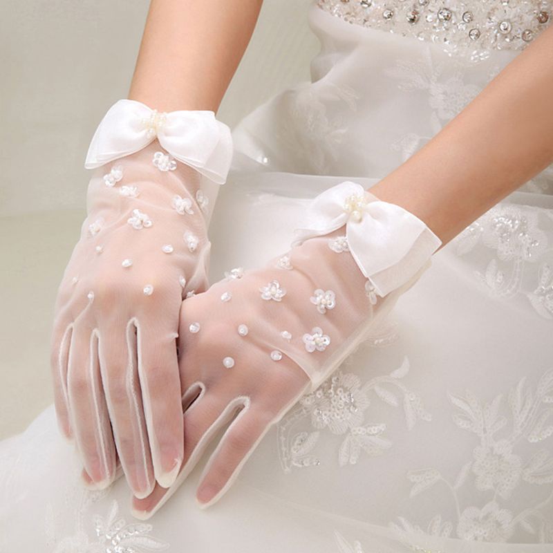Găng Tay Lưới Mỏng Ngắn Đính Kim Sa Và Nơ Dành Cho Cô Dâu Trong Tiệc Cưới