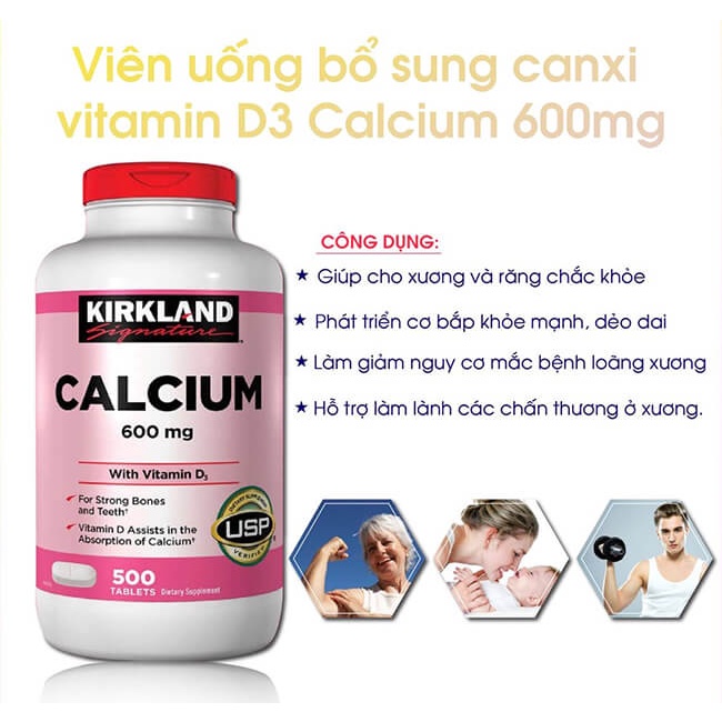 Viên Uống Calcium 600mg + D3 Của Kirkland 500 viên - Canxi Kirkland