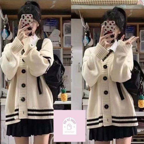 Áo Khoác Cardigan Kem Cổ V Tay Sọc Ngang Cài Khuy Tay Dài Thời Trang Nữ Hàn Quốc | Vui Vẻ Shop