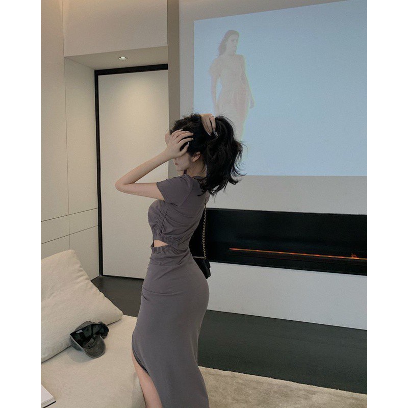 Đầm dài xẻ tà nhấn eo độc đáo thiết kế xếp ly phong cách Hàn Quốc thời trang mùa hè cho nữ 2021