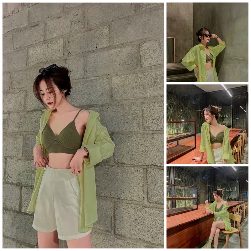Set sơ mi xanh thun crop 2 dây short trắng