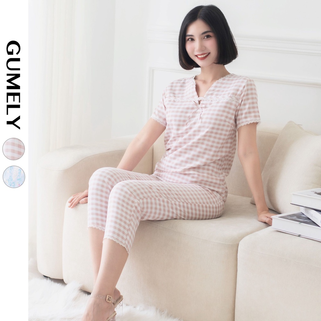 Đồ bộ lửng mặc nhà nữ đẹp cao cấp đi ngủ, dạo phố kiểu Hàn dễ thương cổ V phối nơ ViAnh Gumely Store V6340