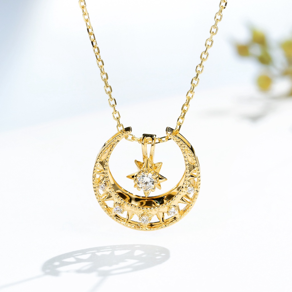 Vòng cổ Mạ Vàng 18K Mặt Hình Trăng Sao Đính Đá Ruby Màu Vàng Đa Năng-JHS2-P