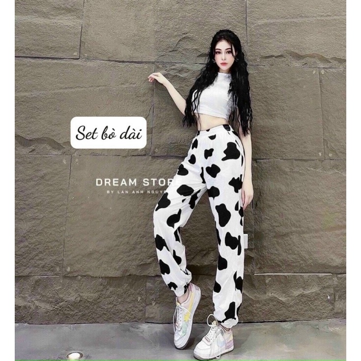Set thể thao bò sữa quần dài kèm áo croptop thun trơn ☘️☘️☘️c