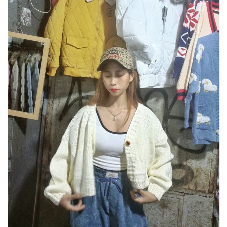 Áo cardigan Len dáng crop top tay bồng