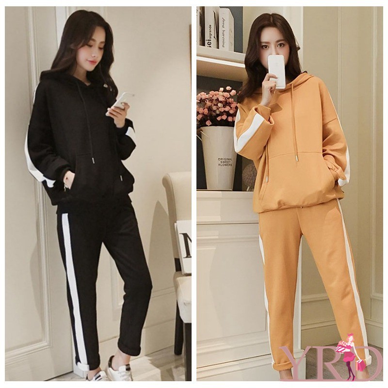 Bộ áo hoodie + quần dài thể thao cùng màu trẻ trung cho nữ