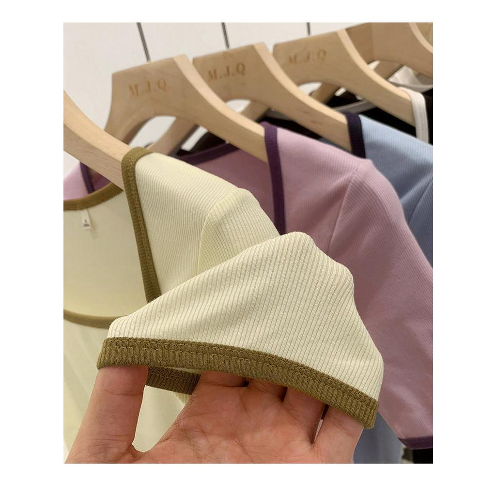 Áo Thun Cổ Vuông Ngắn Tay Thoải Mái Màu Sắc Tương Phản Thời Trang Cho Nữ 62310