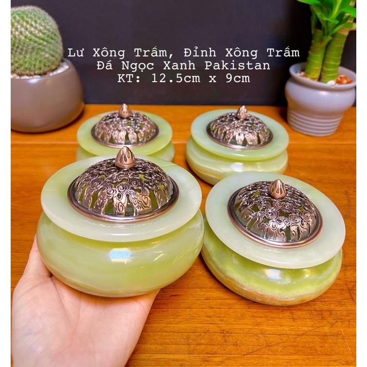 Lư Xông Trầm Đá Ngọc Hoàng Long Size To - Đá Ngọc Xanh Pakistan Nắp Bằng Đồng